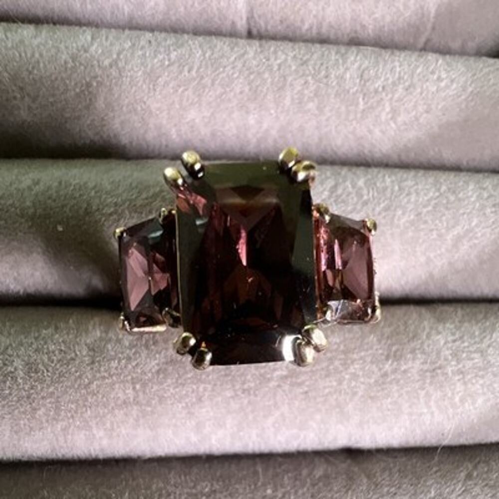 925 Silver Three-Stone Ring w/ Emerald Cut Purplish Gemstones